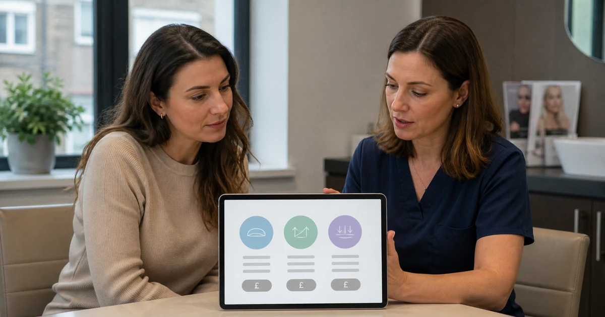 Patient and surgeon digitally comparing the different service components of augmentation, lift and reduction