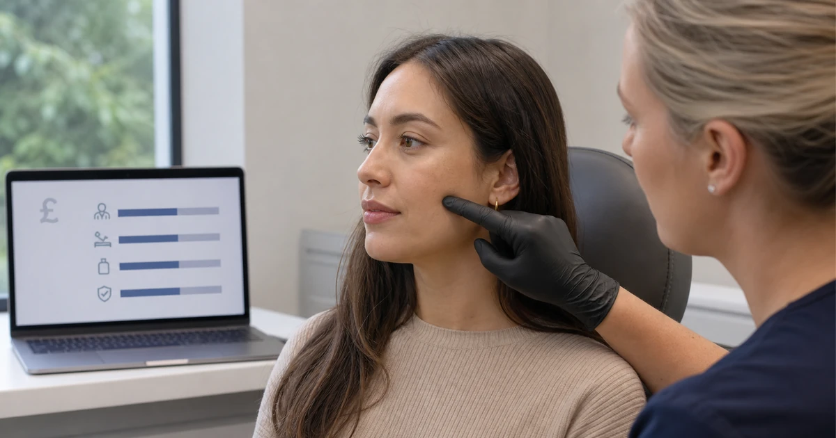 Buccal cheek assessment with a digital breakdown of surgeon, clinic and aftercare cost components