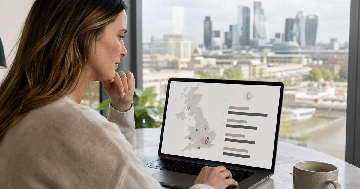 Patient comparing London and regional UK clinic locations with a digital cost comparison