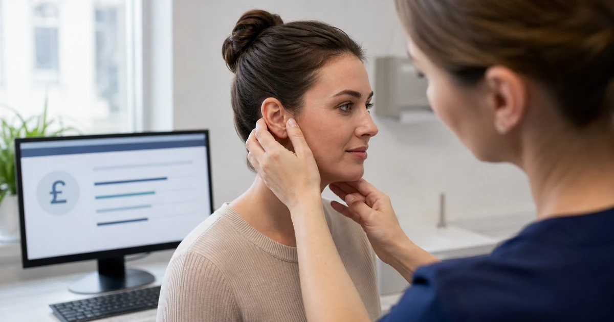 Otoplasty consultation focused on ear position with a digital breakdown of treatment and aftercare costs