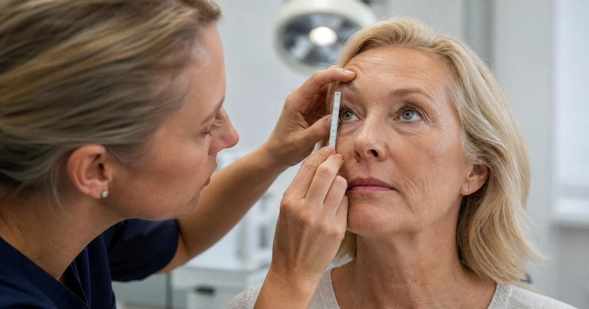 Upper eyelid examination distinguishing ptosis from excess skin