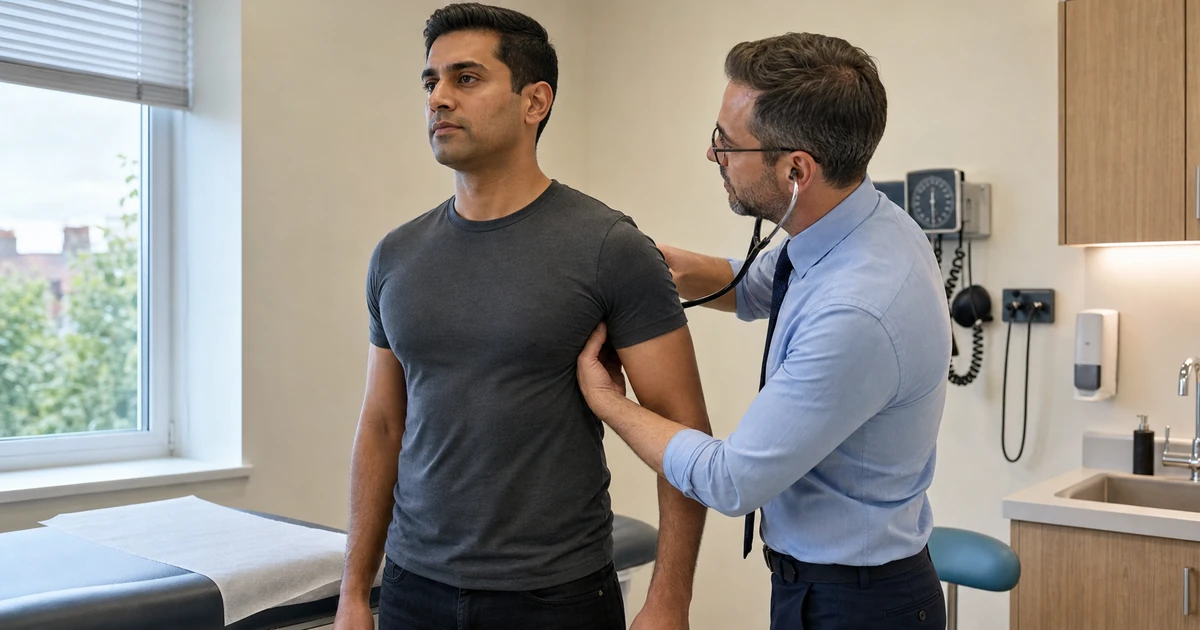 Man in a fitted shirt having his chest assessed by a GP to investigate the medical causes of gynaecomastia