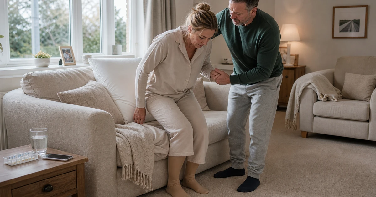 Patient being helped to stand safely during early cosmetic surgery recovery at home
