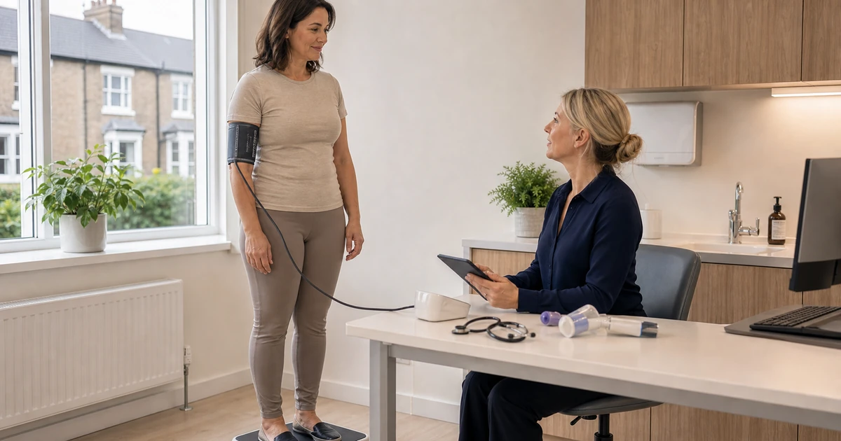 Patient having weight and blood pressure assessed as part of medical suitability screening for cosmetic surgery