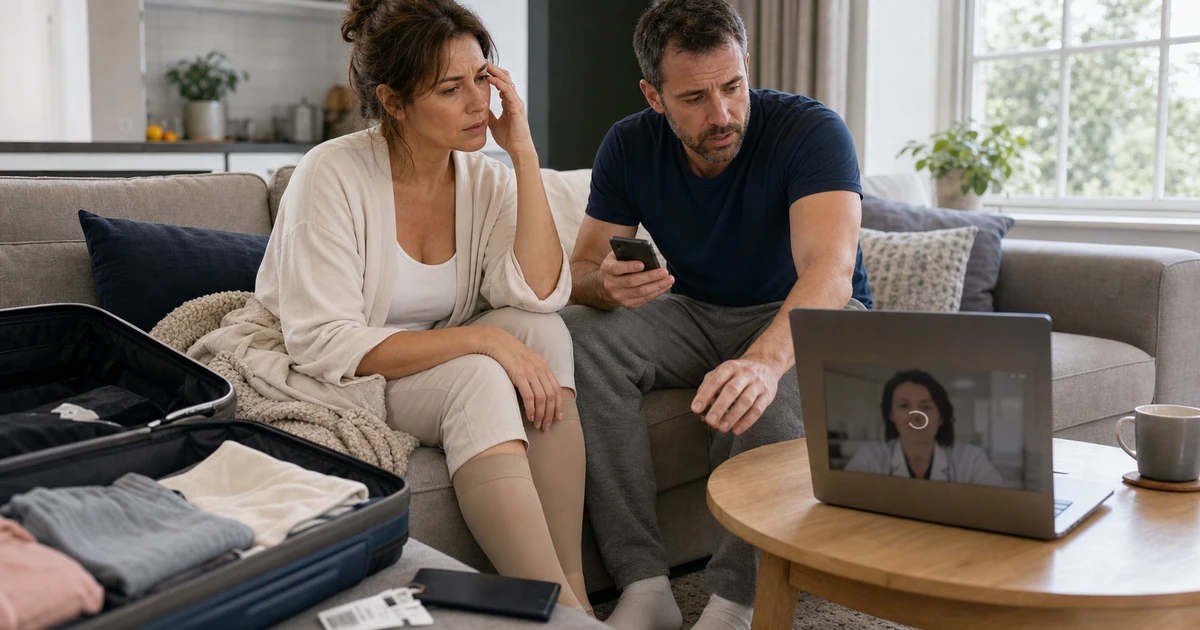 Patient home from cosmetic surgery abroad facing a disconnected video follow-up while an open suitcase remains nearby